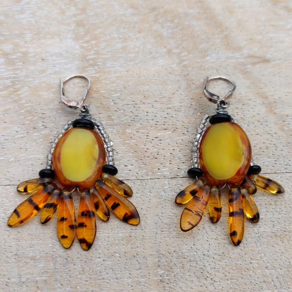 Artsy Amber and Beaded Earrings with leverback hooks (2") - Picture 8 of 9
